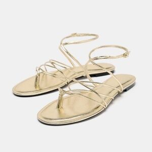 Zara Gold Strappy Flat Sandals